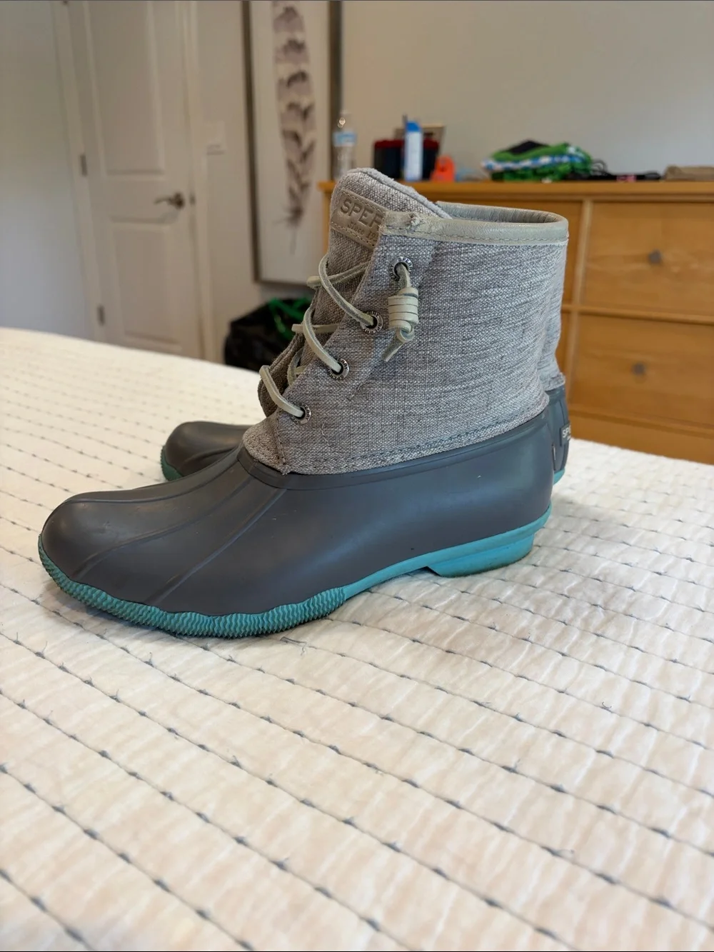 Sperry Gray and Teal Duck Boots